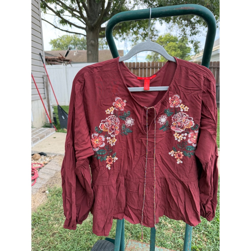 Chelsea & Violet Burgundy Floral Embroidered Peplum Blouse Long Sleeve Top L - Picture 2 of 6